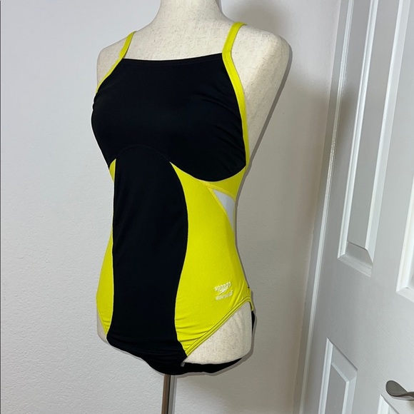 Speedo Black and Yellow One Piece Swimsuit - Picture 2 of 6